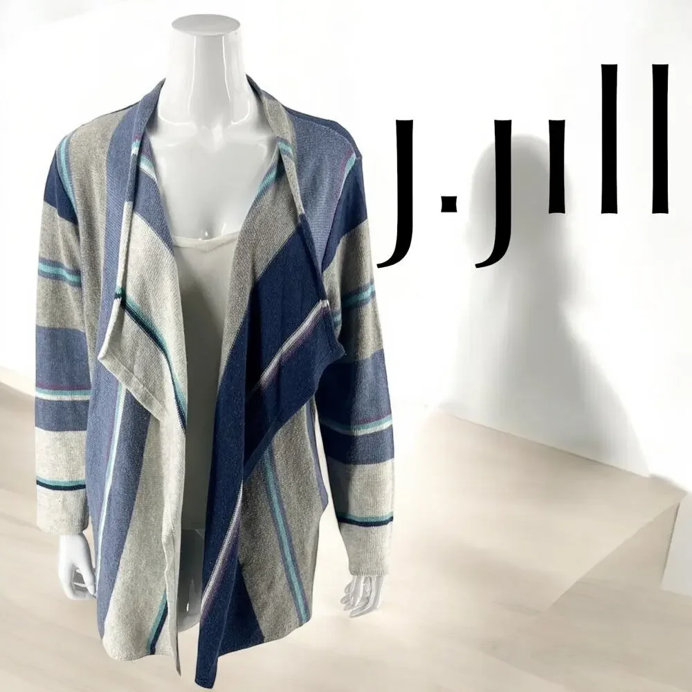 J.Jill Open Front Striped Sweater | Womens Size M Medium Petite | Long Sleeve - Picture 1 of 9